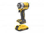 A yellow and black DeWalt cordless impact wrench is shown with a detachable 18V XR lithium-ion battery positioned below it.,