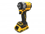 A yellow and black DeWalt 20V MAX XR cordless brushless impact wrench with a rechargeable 20V lithium-ion battery attached to the base.,