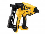 A yellow and black DeWalt 18V XR cordless brushless nail gun with a trigger, ergonomic grip, and magazine for nails, shown on a white background.
