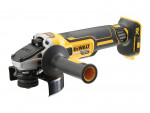 A cordless DeWalt angle grinder with a black and yellow body, side handle, and exposed blade guard, shown at an angle on a white background.
