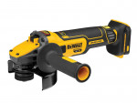 A black and yellow DeWalt cordless angle grinder with a side handle and brushless motor, shown on a white background.