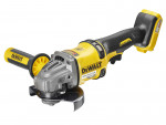 A yellow and black DeWalt cordless angle grinder with a side handle and disc guard, viewed from a slight angle. The tool is branded with DeWalt and features a brushless motor label.