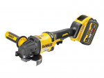 A yellow and black cordless DEWALT angle grinder with a side handle and an 18V/54V XR FLEXVOLT battery attached.,