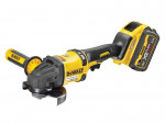 A yellow and black DEWALT cordless angle grinder with an 18V FLEXVOLT XR lithium-ion battery attached, side handle, and protective guard around the cutting disc.
