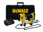 A DeWalt cordless grease gun with battery, charger, flexible hose, and a black carrying case displaying the DeWalt logo, all arranged on a white background.