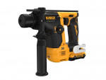 A yellow and black DeWalt cordless rotary hammer drill with a side handle, battery pack, and trigger, displayed against a white background.