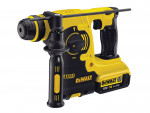 A yellow and black DeWalt 18V XR Li-Ion cordless rotary hammer drill with a side handle and depth rod attached.,