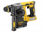 A yellow and black DeWalt cordless rotary hammer drill with a side handle, trigger, and mode selection dial, designed for heavy-duty drilling tasks.