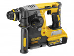 Yellow and black DEWALT cordless rotary hammer drill with a side handle, visible power settings dial, and an 18V XR lithium-ion 5.0Ah battery pack attached at the bottom.