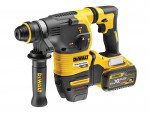 A yellow and black DeWalt cordless rotary hammer drill with a side handle, battery pack, and various controls and labels visible.