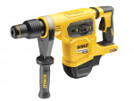 A yellow and black DeWalt cordless rotary hammer drill with a side handle, brushless motor, and various control switches on the body.