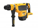 A yellow and black DeWalt cordless rotary hammer drill with a side handle, labeled Brushless SDS MAX, and a visible battery pack at the base of the handle.