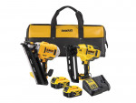 A DeWalt toolset including two cordless nail guns, two batteries, a charger, and a black and yellow carrying bag displayed on a white background.