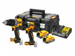 A cordless DeWalt power tool kit with a drill, impact driver, two rechargeable batteries, a battery charger, and a black carrying case. All items are arranged neatly on a white background.