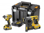 DeWalt cordless power tool set including a black and yellow drill, impact driver, battery charger, two batteries, and a black DeWalt carrying case.