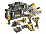 A set of DeWalt power tools and accessories, including a drill, impact driver, circular saw, angle grinder, two toolboxes, two batteries, a charger, and a flashlight, all in black and yellow.