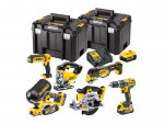 A set of DeWalt power tools and accessories, including two black storage cases, a cordless drill, impact driver, jigsaw, circular saw, grinder, two batteries, and a charger, all in yellow and black.