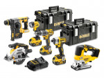 A set of DeWalt power tools, including a circular saw, drill, impact driver, jigsaw, rotary hammer, flashlight, two batteries, charger, and two black and yellow toolboxes.
