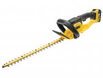 A yellow and black DEWALT cordless hedge trimmer with a double-action reciprocating blade and a rotating rear handle.,