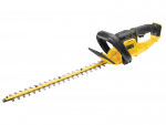 A yellow and black DEWALT cordless hedge trimmer with a double-action reciprocating blade and a rotating rear handle.,