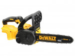 A yellow and black DEWALT cordless chainsaw with a guide bar and automatic chain lubrication, for felling and pruning timber.