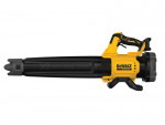 A yellow and black DEWALT cordless leaf blower with 18V variable airflow control and a concentrator nozzle.,
