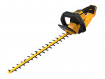 A yellow and black DEWALT cordless hedge trimmer with a double-action reciprocating blade and a rotating rear handle.,