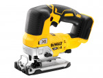 A yellow and black DEWALT cordless jigsaw with 18V orbital action and a variable-speed trigger, for cutting curves and internal shapes.