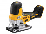 A yellow and black DEWALT cordless jigsaw with 18V orbital action and a variable-speed trigger, for cutting curves and internal shapes.