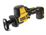 A yellow and black DEWALT cordless reciprocating saw with 18V variable speed and a quick-release blade clamp, for demolition and rough cutting.