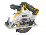 A yellow and black DEWALT cordless circular saw with a 12V motor, an adjustable bevel plate, and a blade guard, for ripping and cross-cutting timber.