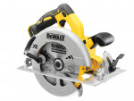 A yellow and black DEWALT cordless circular saw with a 18V motor, an adjustable bevel plate, and a blade guard, for ripping and cross-cutting timber.
