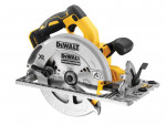 A yellow and black DEWALT cordless circular saw with a 18V motor, an adjustable bevel plate, and a blade guard, for ripping and cross-cutting timber.