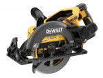 A yellow and black DEWALT cordless circular saw with a 54V motor, an adjustable bevel plate, and a blade guard, for ripping and cross-cutting timber.