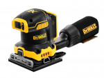 A yellow and black DEWALT cordless orbital sander with a 18V motor and a dust extraction bag, for surface preparation and finishing work.