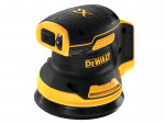 A yellow and black DEWALT cordless random-orbit sander with a 18V motor and a dust extraction bag, for surface preparation and finishing work.