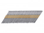 A galvanised ring-shank nail with annular rings along the shaft for enhanced withdrawal resistance in timber framing.,