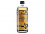 A yellow and black DEWALT cordless chainsaw with a guide bar and automatic chain lubrication, for felling and pruning timber.