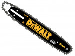 A yellow and black DEWALT cordless chainsaw with a guide bar and automatic chain lubrication, for felling and pruning timber.