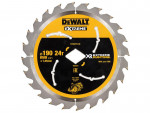 A yellow and black DEWALT cordless circular saw with a motor, an adjustable bevel plate, and a blade guard, for ripping and cross-cutting timber.