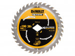 A yellow and black DEWALT cordless circular saw with a motor, an adjustable bevel plate, and a blade guard, for ripping and cross-cutting timber.