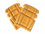 A pair of foam-padded knee pads with adjustable straps, designed to protect the knees during kneeling work.