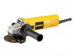 A yellow and black DEWALT corded angle grinder with a 240V motor, a side handle, and a wheel guard, for grinding, cutting, and surface preparation.