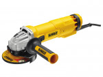 A yellow and black DEWALT corded angle grinder with a 110V motor, a side handle, and a wheel guard, for grinding, cutting, and surface preparation.