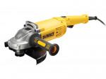 A yellow and black DEWALT corded angle grinder with a 240V motor, a side handle, and a wheel guard, for grinding, cutting, and surface preparation.