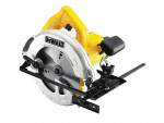 A yellow and black DEWALT corded circular saw with a 240V motor, an adjustable bevel plate, and a blade guard, for ripping and cross-cutting timber.