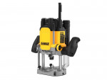 A yellow and black DEWALT plunge router with a fine depth adjuster and a guide fence, for cutting grooves, rebates, and profiles in timber.