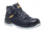 A black composite safety boot with an anti-slip sole and padded collar, designed for comfort and protection during extended site work.