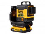 A yellow and black DEWALT self-levelling laser level projecting horizontal and vertical lines, for precision alignment and setting-out work.