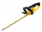 A yellow and black DEWALT cordless hedge trimmer with a double-action reciprocating blade and a rotating rear handle.,